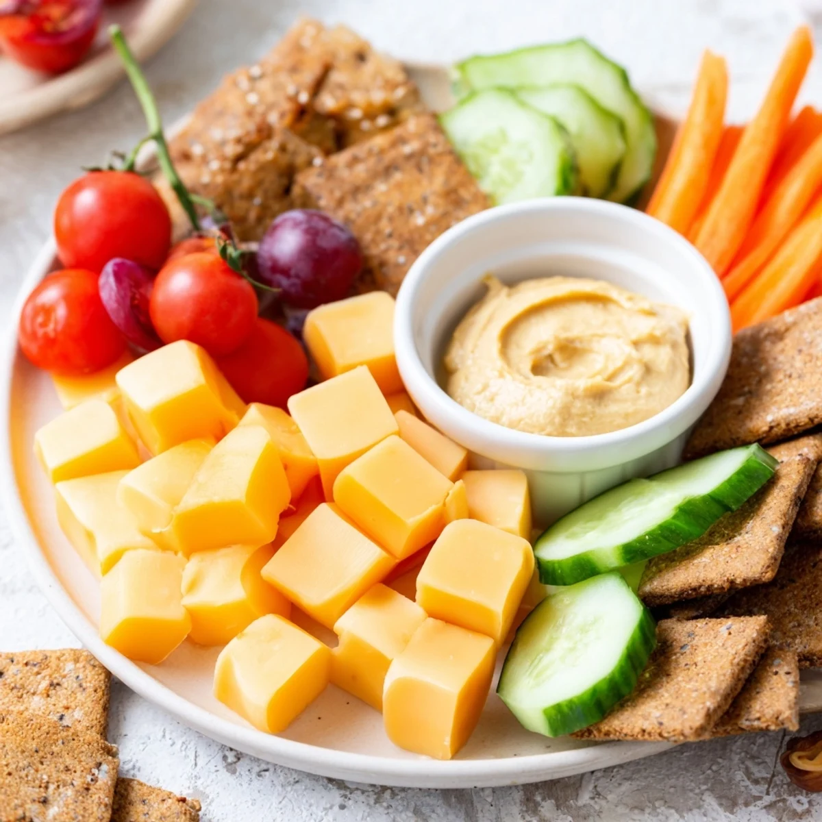 A delicious and colorful Road Trip Snack Platter overflowing with fresh fruit, cheese, and crackers.