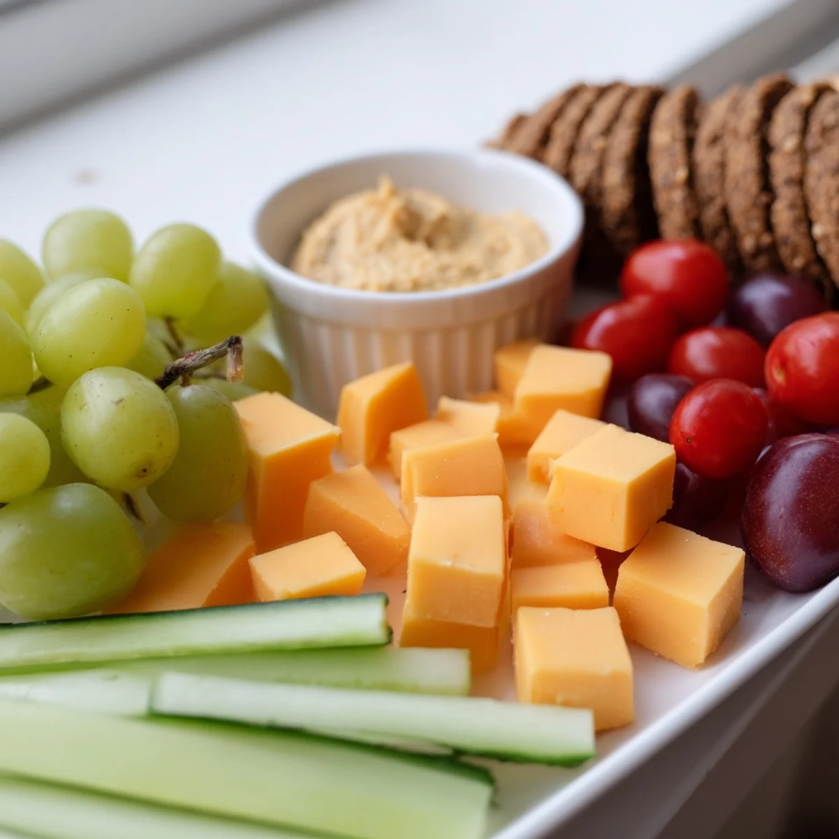 Enjoy a tempting Road Trip Snack Platter featuring hummus, cheeses, and sweet treats for a fun, easy journey.