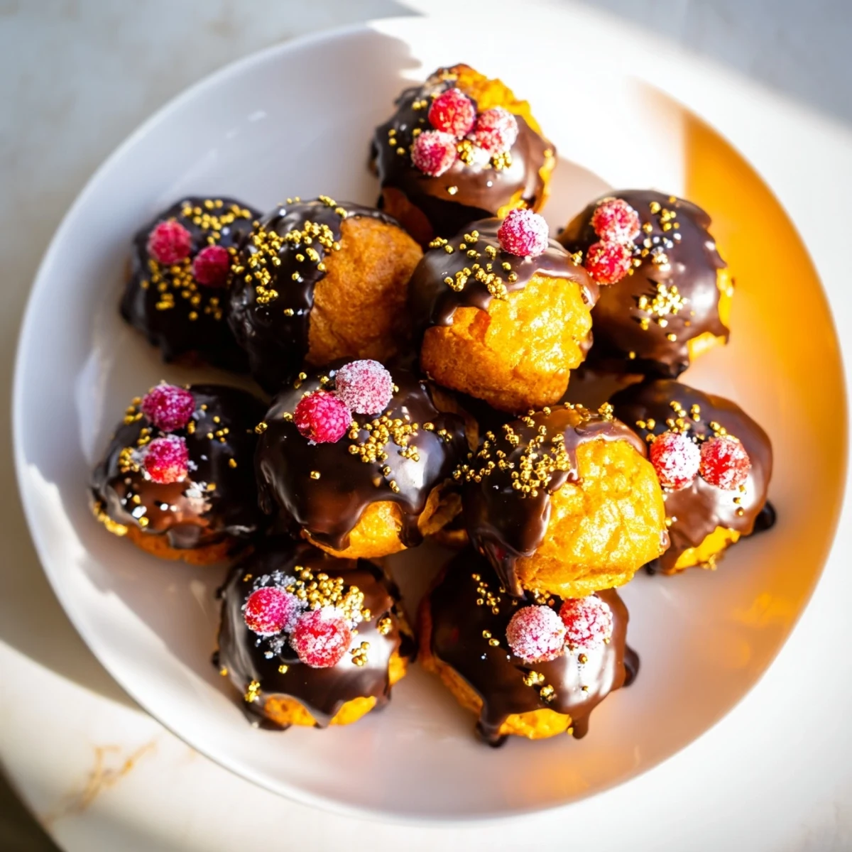 Delicate Piste de Train Mignardises, a French treat arrangement with vibrant berries and dark chocolate ganache.