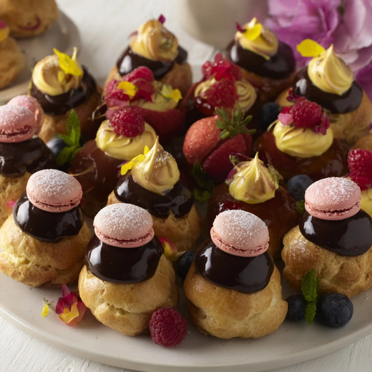 A delightful Montgolfière dessert platter, featuring miniature pastries and fresh fruits beautifully displayed.