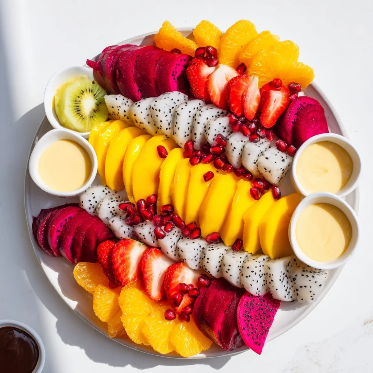 A colorful Dragon Scales Fruit and Dip Board features vibrant fruit slices and creamy dips for dipping.