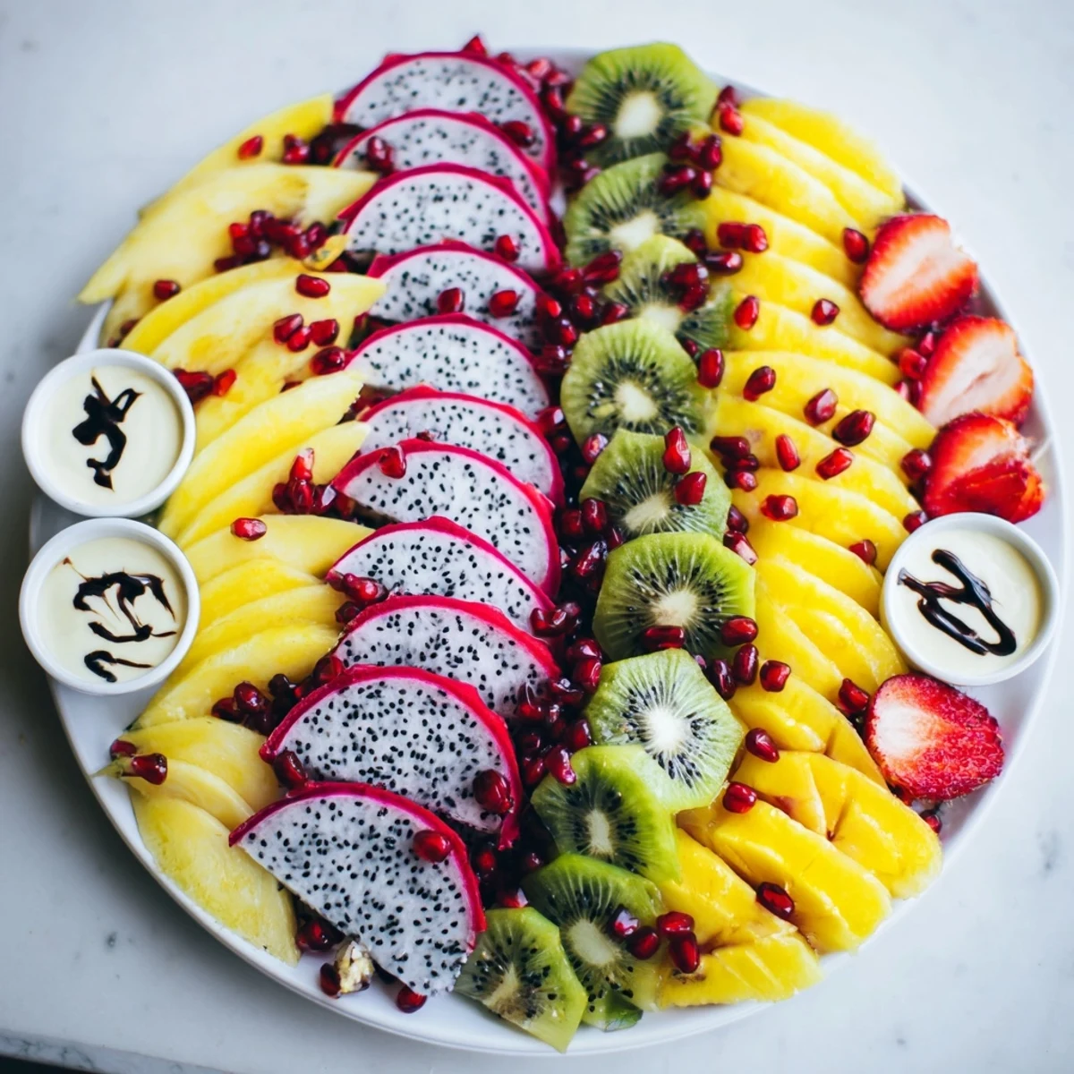 Dragon Scales Fruit and Dip Board showcases fresh fruit artfully arranged with delicious yogurt and chocolate dips.