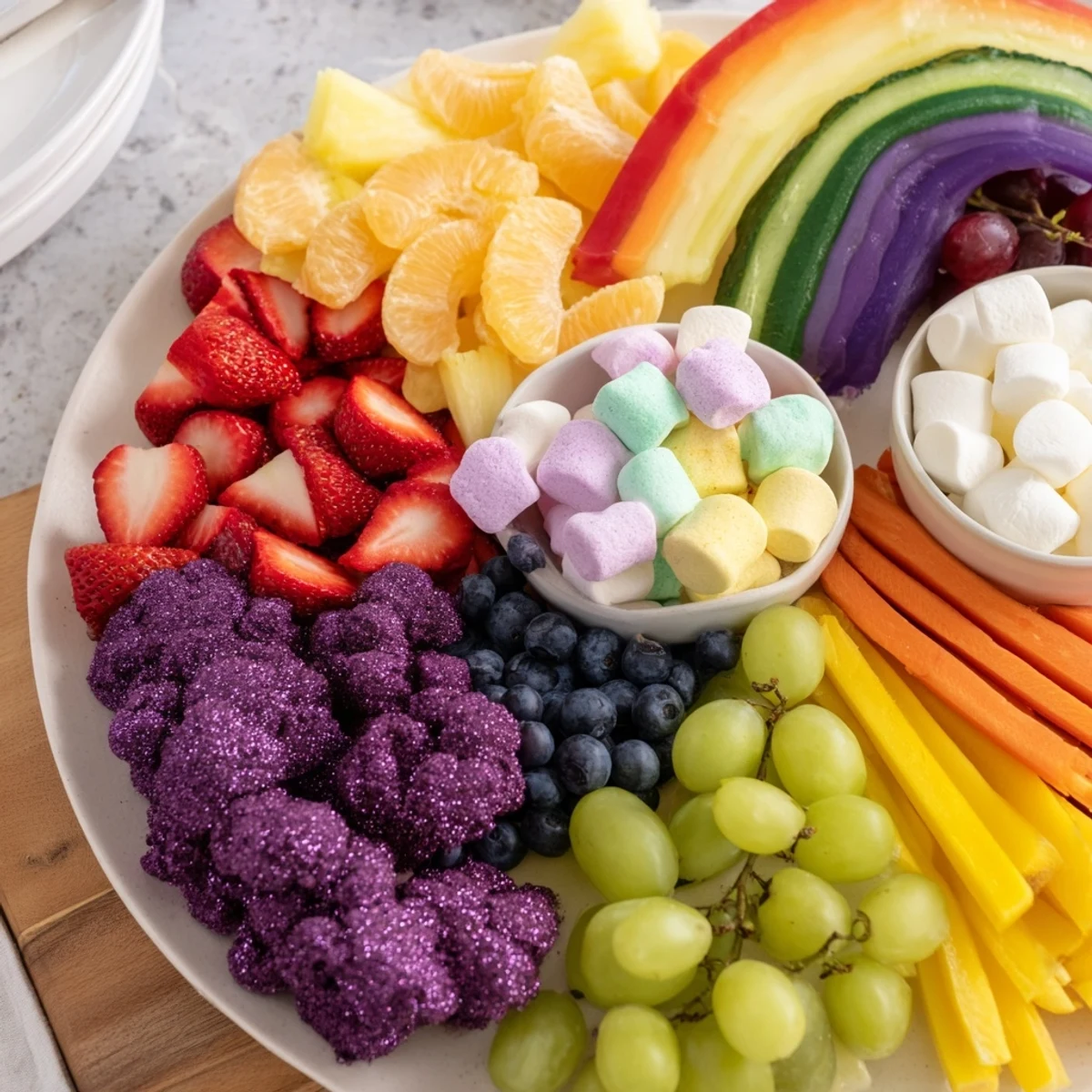 Vibrant Magical Unicorn Rainbow Snack Board displaying colorful fruit, veggies, and dips ready to enjoy with friends.