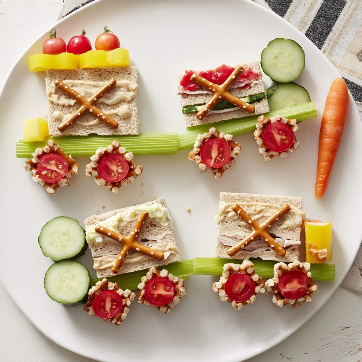 This train track sandwich board shows adorable, bite-sized sandwiches shaped like train cars on celery tracks with pretzel ties.