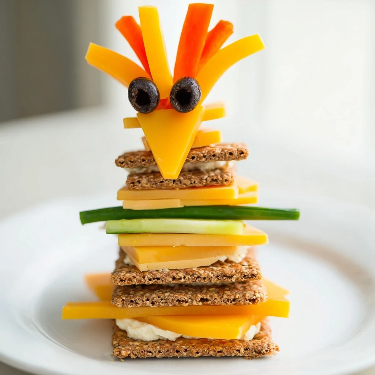 Giraffe Tall Cracker Stacks: a colorful, whimsical snack towering with cheese, veggies, and olives.