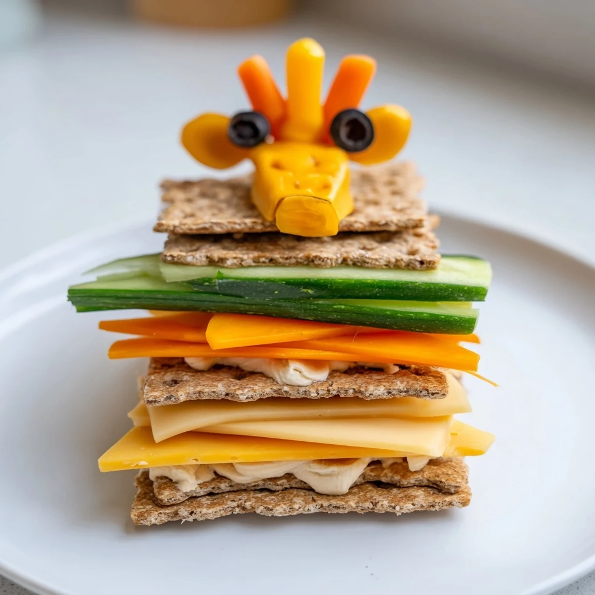 Enjoy the visually pleasing layers of a creamy Giraffe Tall Cracker Stack, ready for snacking!