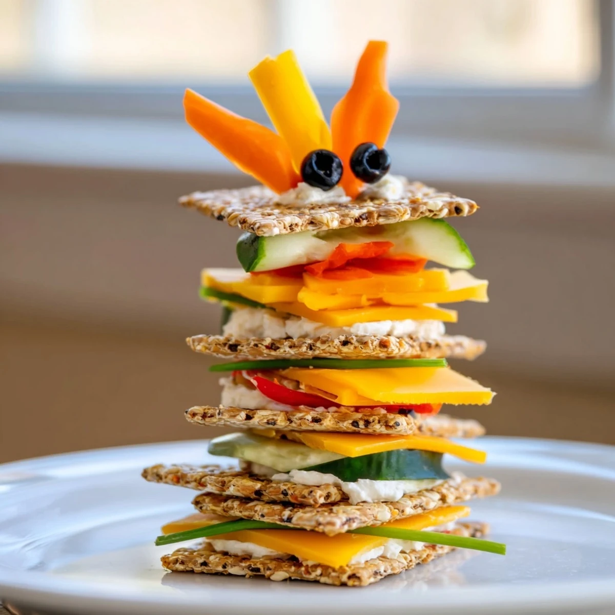 See the creative build of a Giraffe Tall Cracker Stack, artfully stacked with fresh cheese and vegetables.