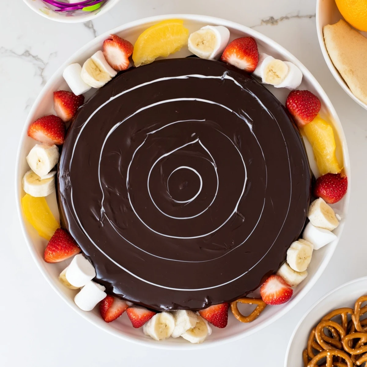 Dazzling Spiderweb Chocolate Ganache Board with dippable treats like strawberries and cookies for easy snacking.