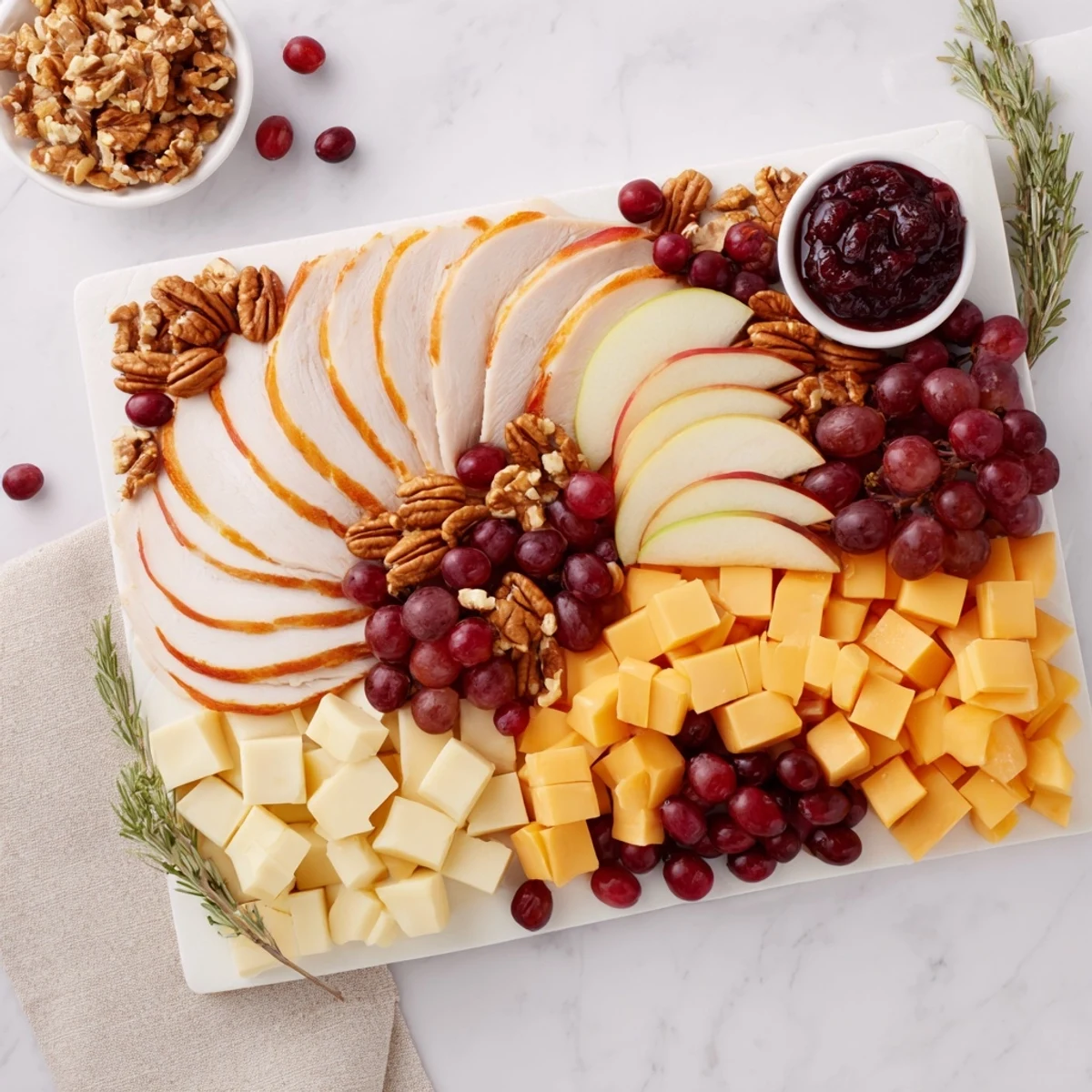 A beautifully arranged turkey cheese and cracker board, perfect for your holiday appetizer spread.