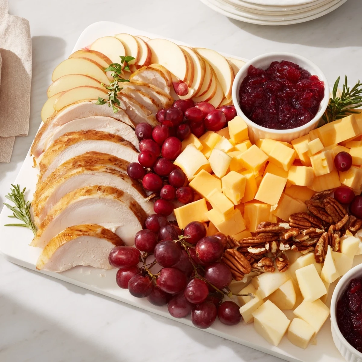 This appetizing turkey cheese and cracker board showcases various cheeses, crackers, and festive garnishes for entertaining.