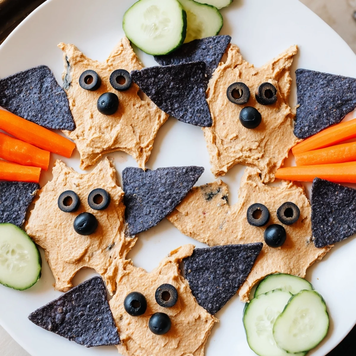 Spooky Bat Bean Dip Platter with bat-shaped black bean dip, ready for dipping with veggies and chips.