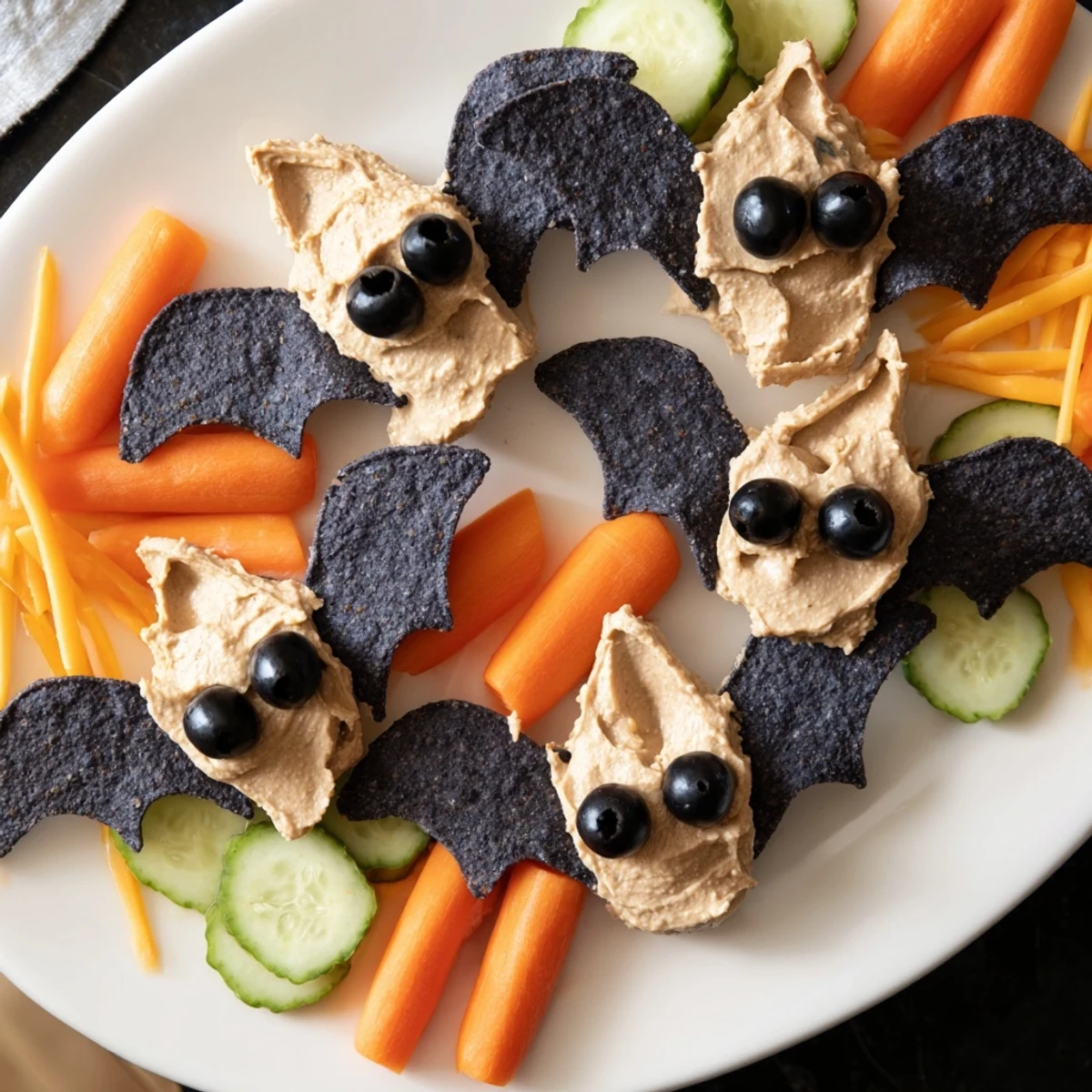 A festive Spooky Bat Bean Dip Platter filled with creamy black bean dip, perfect for Halloween fun.