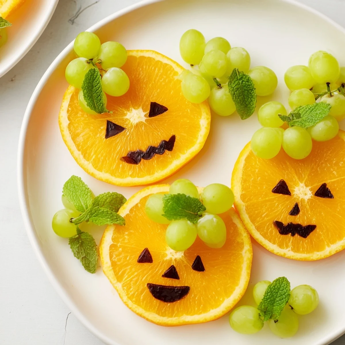 Close-up of bright orange slices decorated as pumpkins, a fun and easy Halloween treat for kids.