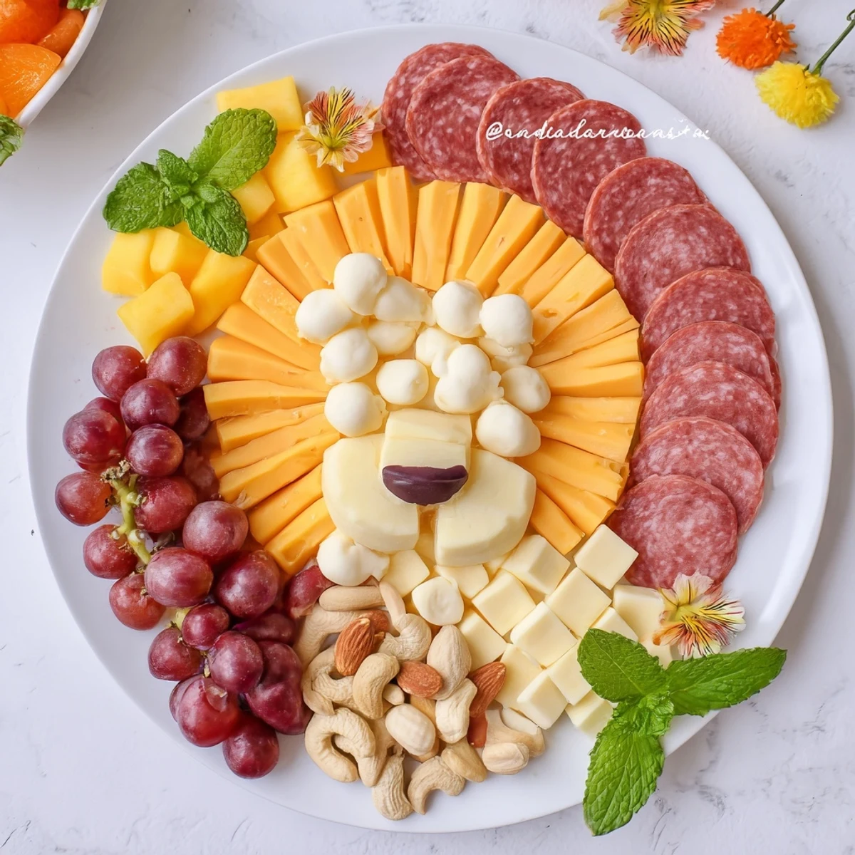 Savory Lion King Platter featuring sliced meats, cheddar, gouda, and fresh fruit for snacking.