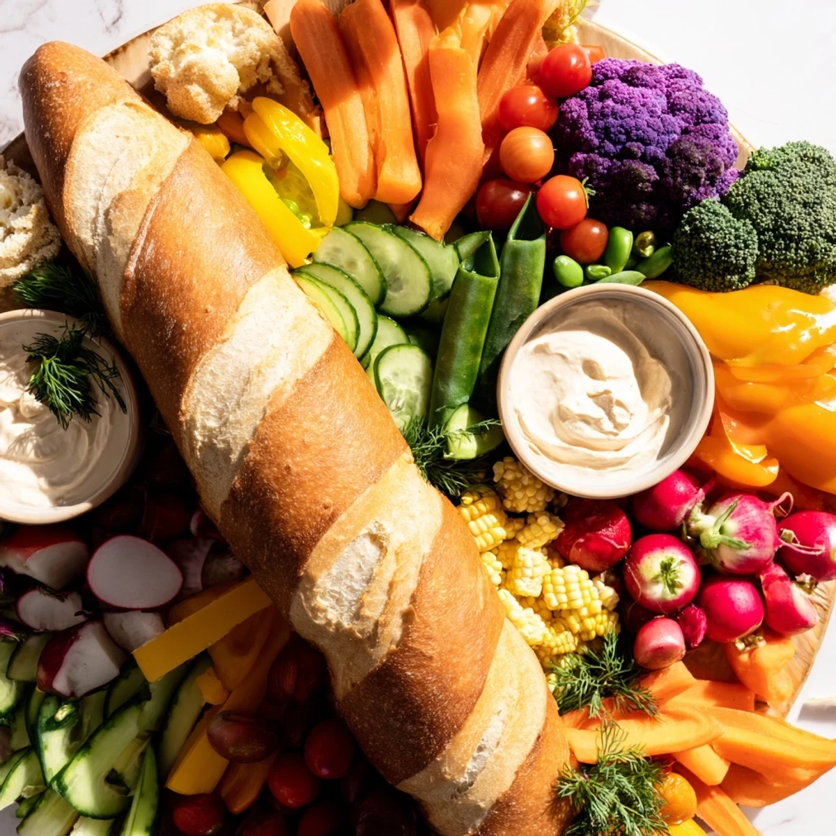 Vibrant cornucopia veggie board overflowing with colorful fresh vegetables, ideal as a Thanksgiving appetizer.