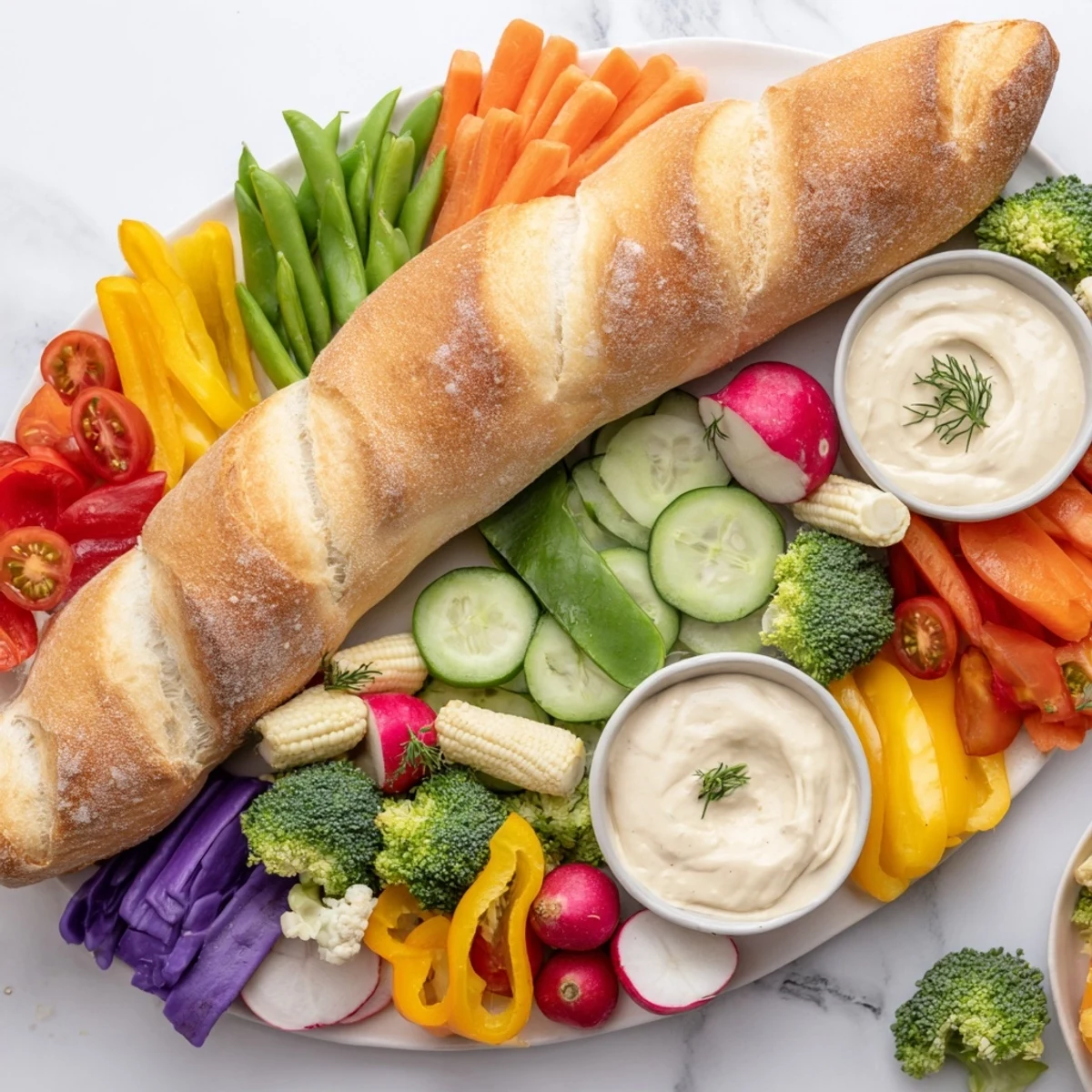 Eye-catching close-up of a cornucopia veggie board arrangement, showcasing a variety of fresh, crunchy vegetables.
