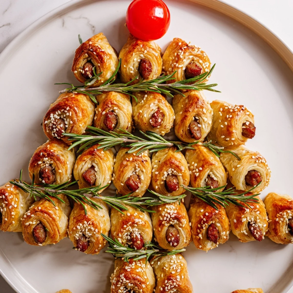 Golden, flaky photograph of savory Mini Sausage Roll Christmas Tree, ready for your Christmas feast.