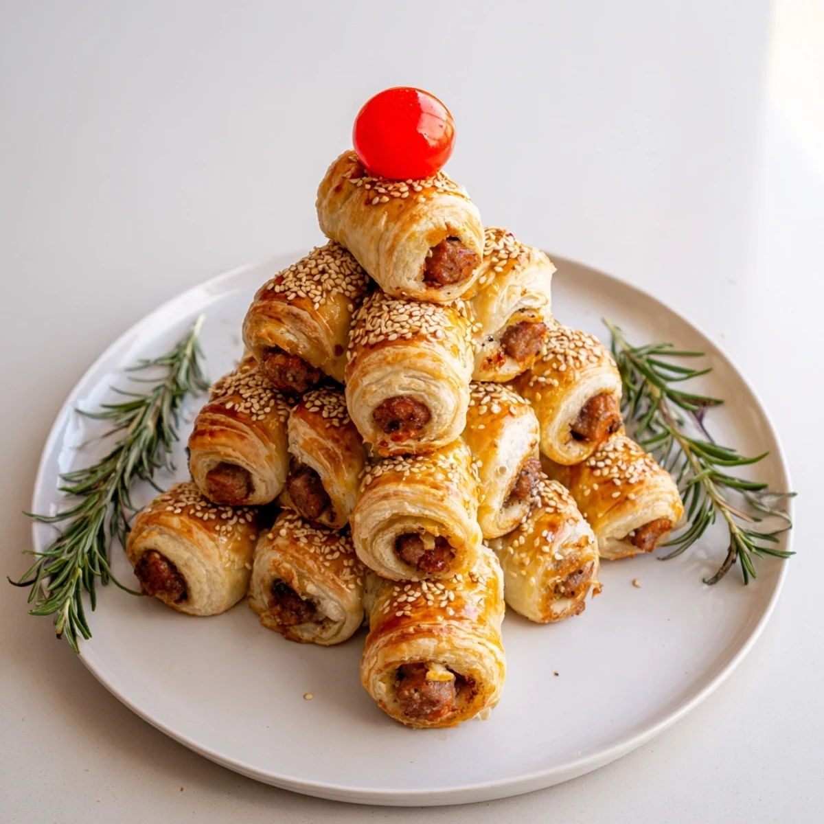 Appetizing close-up of baked Mini Sausage Roll Christmas Tree, with visible flaky pastry and rosemary.