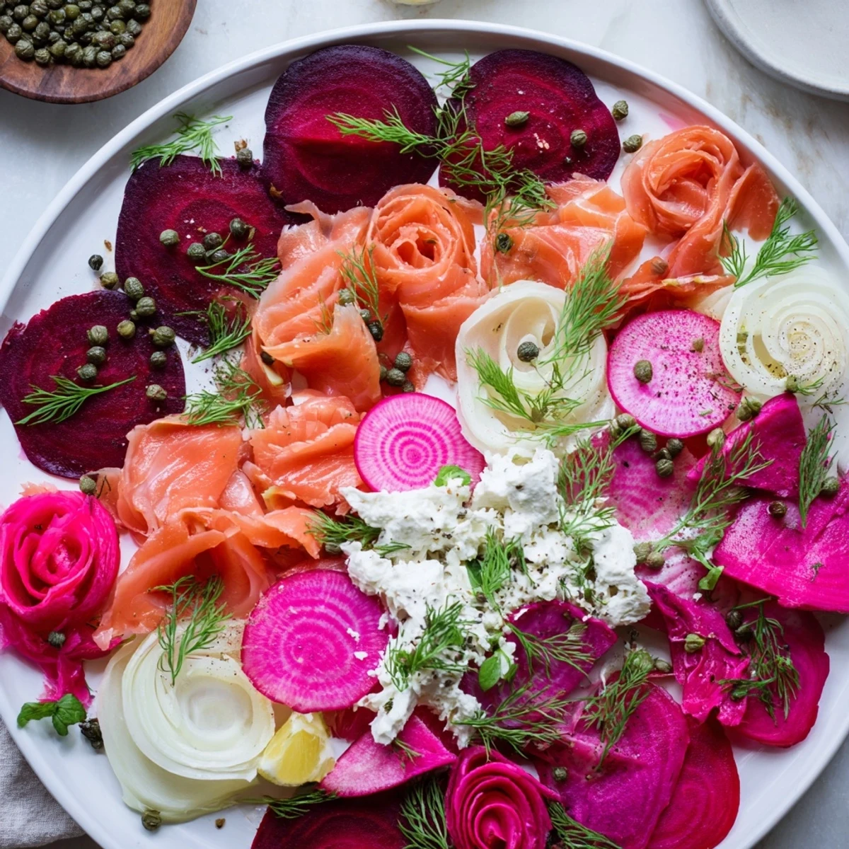 A beautifully arranged Winter Harvest Smoked Salmon Board with toasted baguette and fresh dill garnishes.
