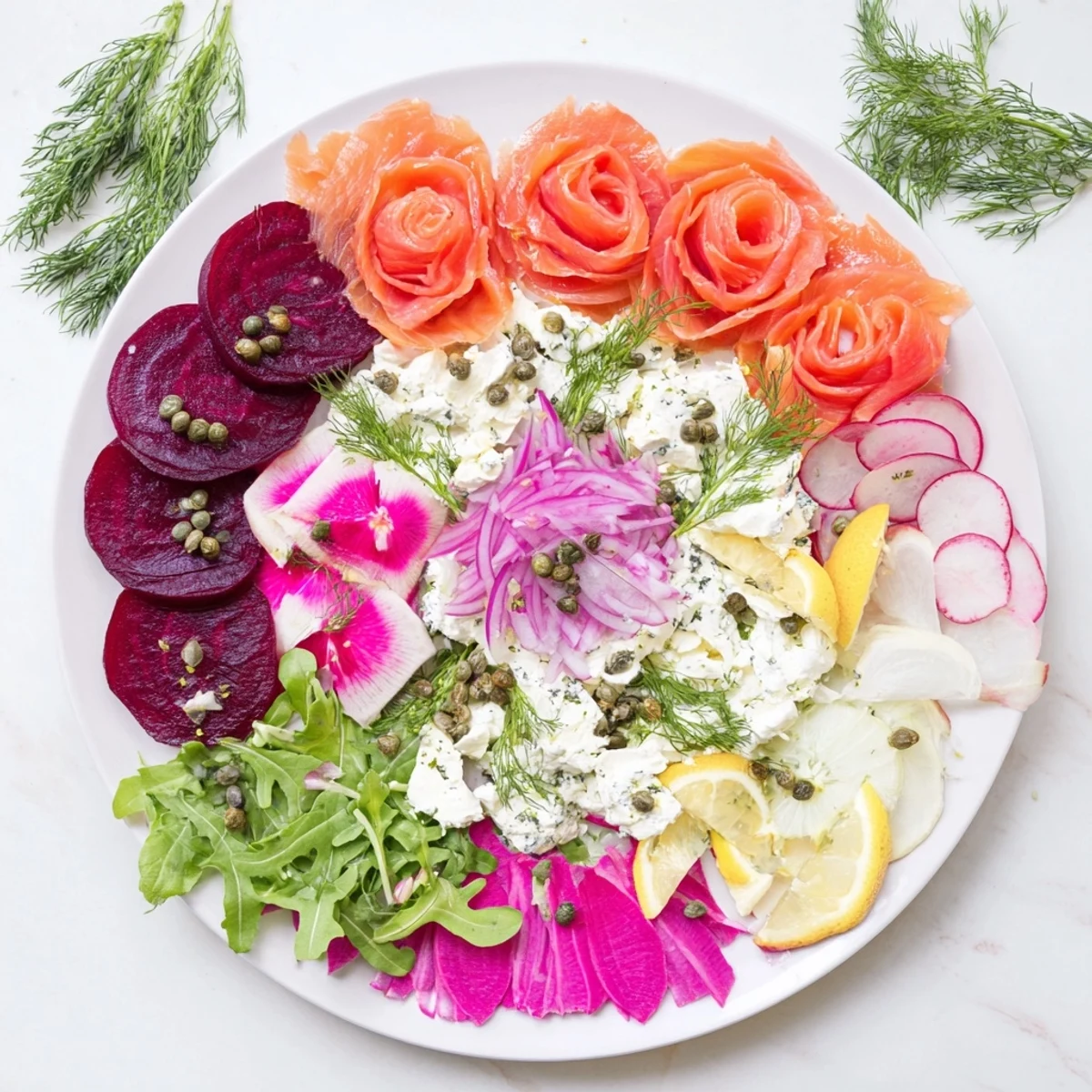 Vibrant Winter Harvest Smoked Salmon Board, brimming with colorful vegetables and creamy cheeses for a feast.