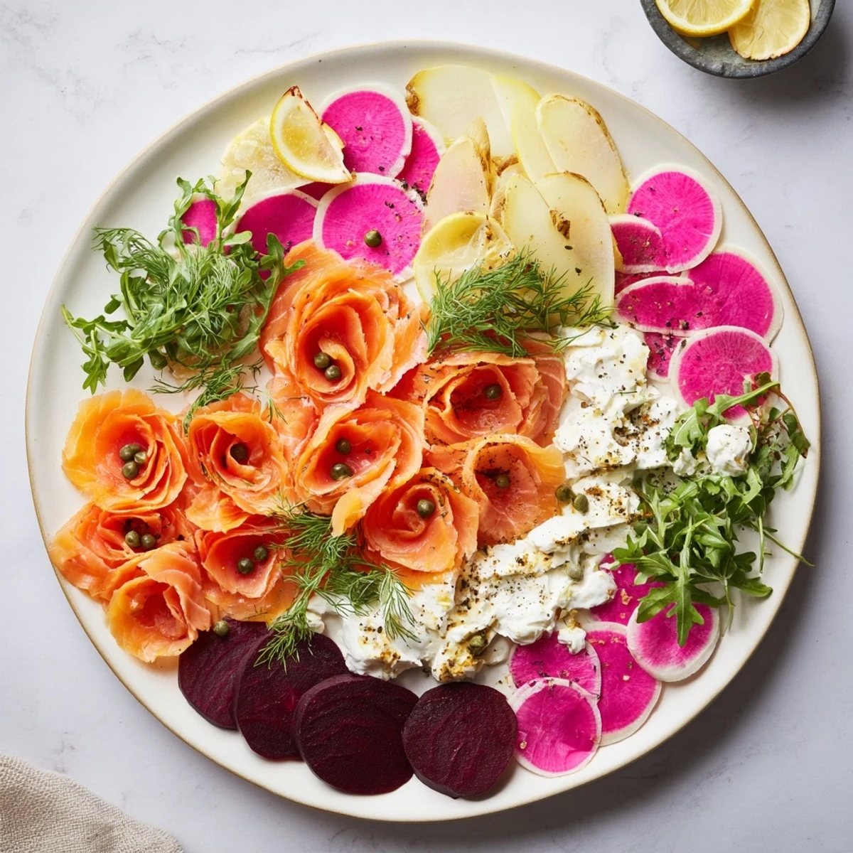 Delicious smoked salmon elegantly displayed around a Winter Harvest Smoked Salmon Board with a tempting variety of textures.