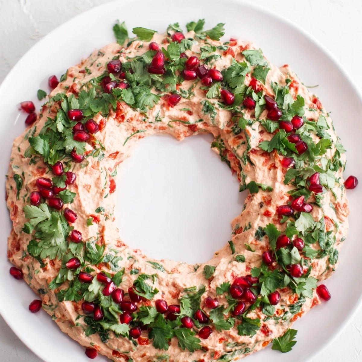 Creamy red pepper and spinach dip wreath, a festive appetizer perfect for holiday entertaining.