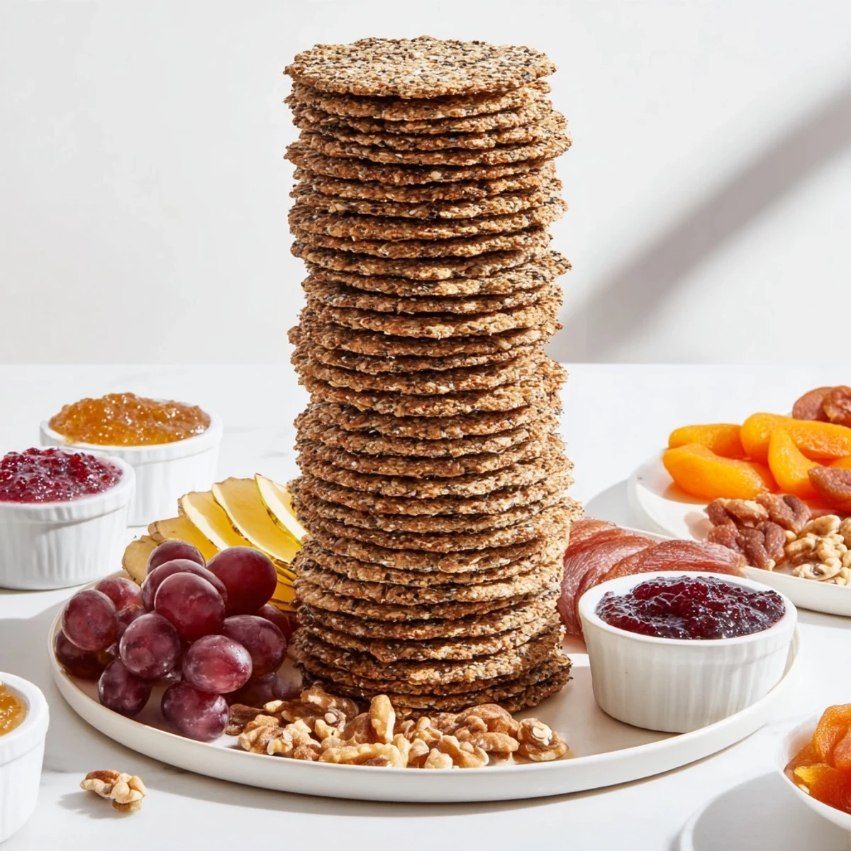These Gourmet Crackers are arranged artfully with fig jam, perfect for your next appetizer spread.