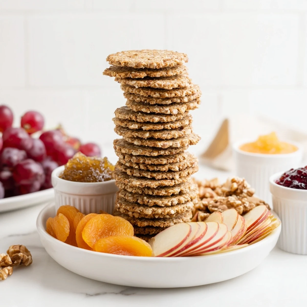 Delightful Gourmet Crackers, showcasing a variety of textures alongside fruit and cheese for serving.