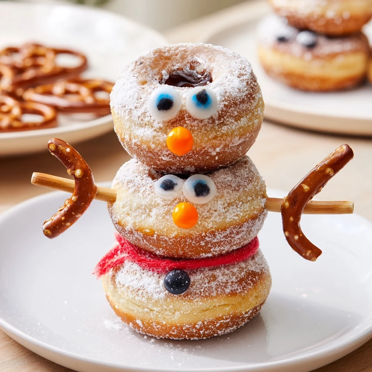 Festive mini donut snowman stacks, ready to eat, a fun and easy winter dessert for parties.