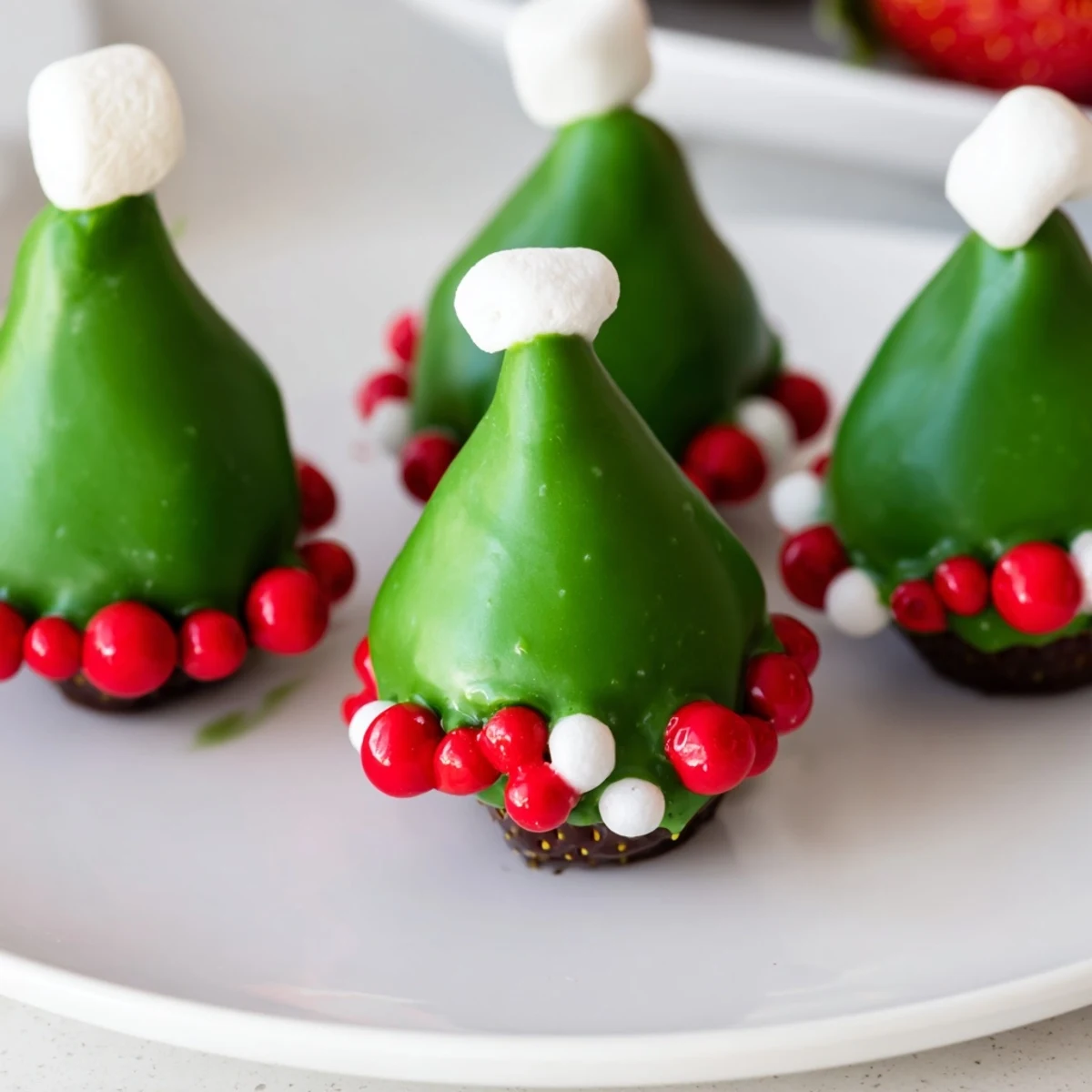 Close-up of freshly made Elf Hat Chocolate Dipped Strawberries, perfect for a holiday party, dipped in chocolate.