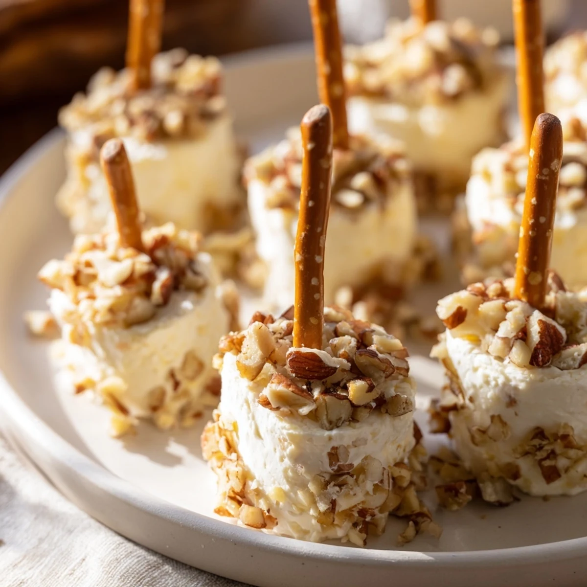 Image of creamy Champagne Cork Cheese Balls rolled in herbs and nuts, ready to enjoy.