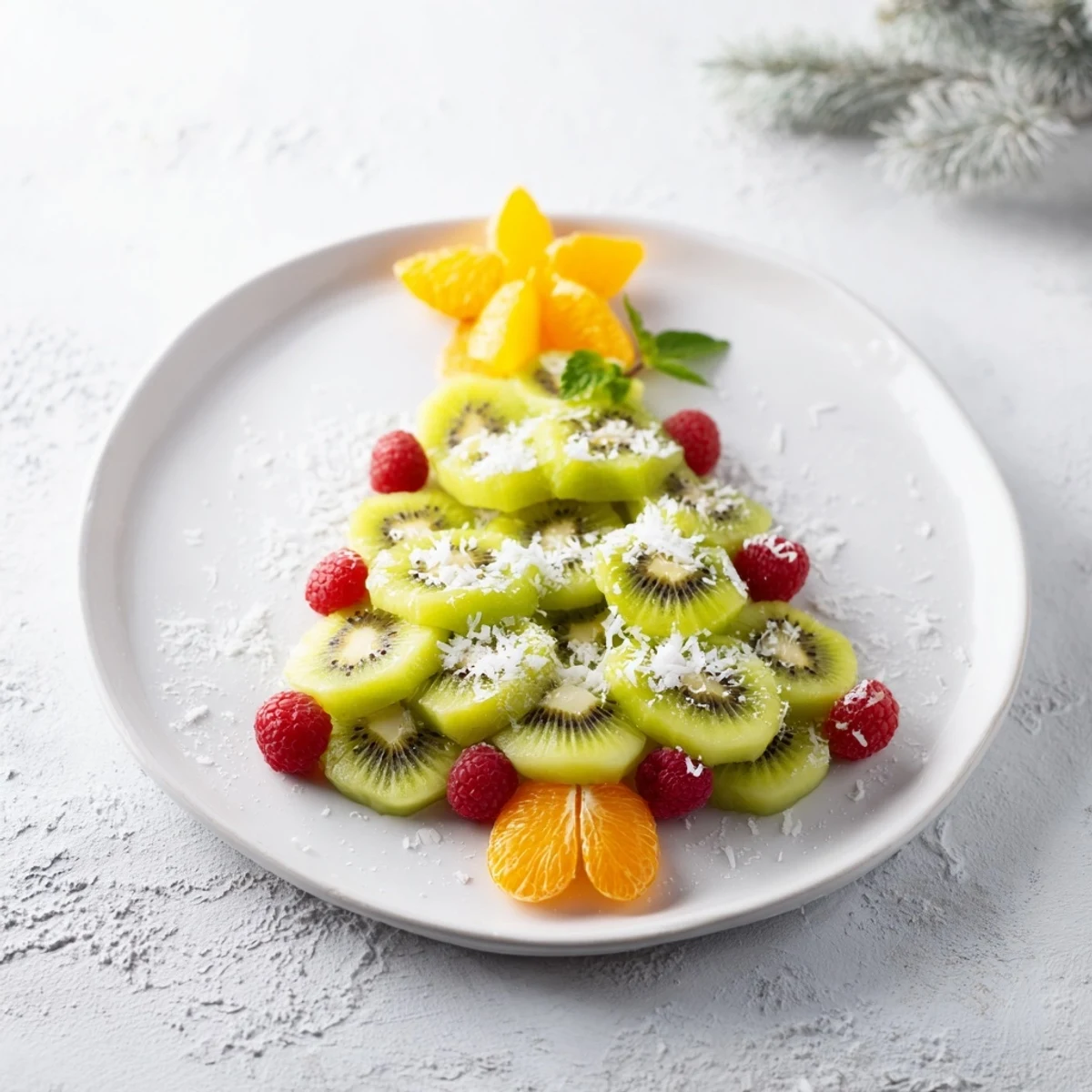 Fresh kiwi and vibrant raspberries arranged into a Christmas tree fruit plate for a healthy holiday snack.