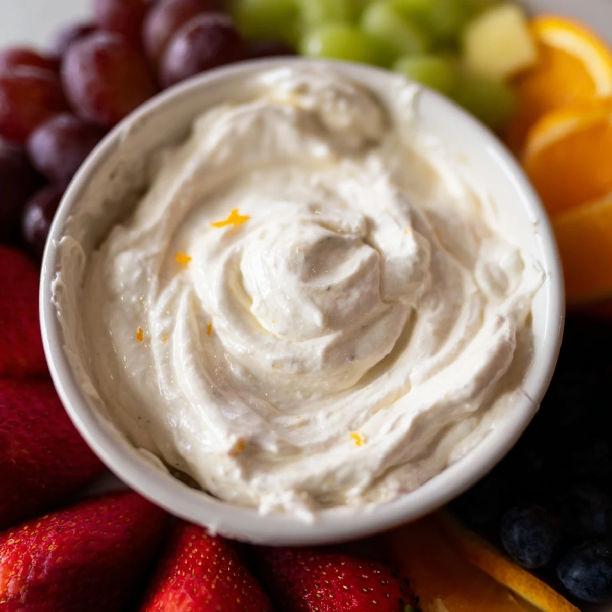 A creamy, homemade cream cheese fruit dip in a decorative bowl, excellent for dipping seasonal fruits.