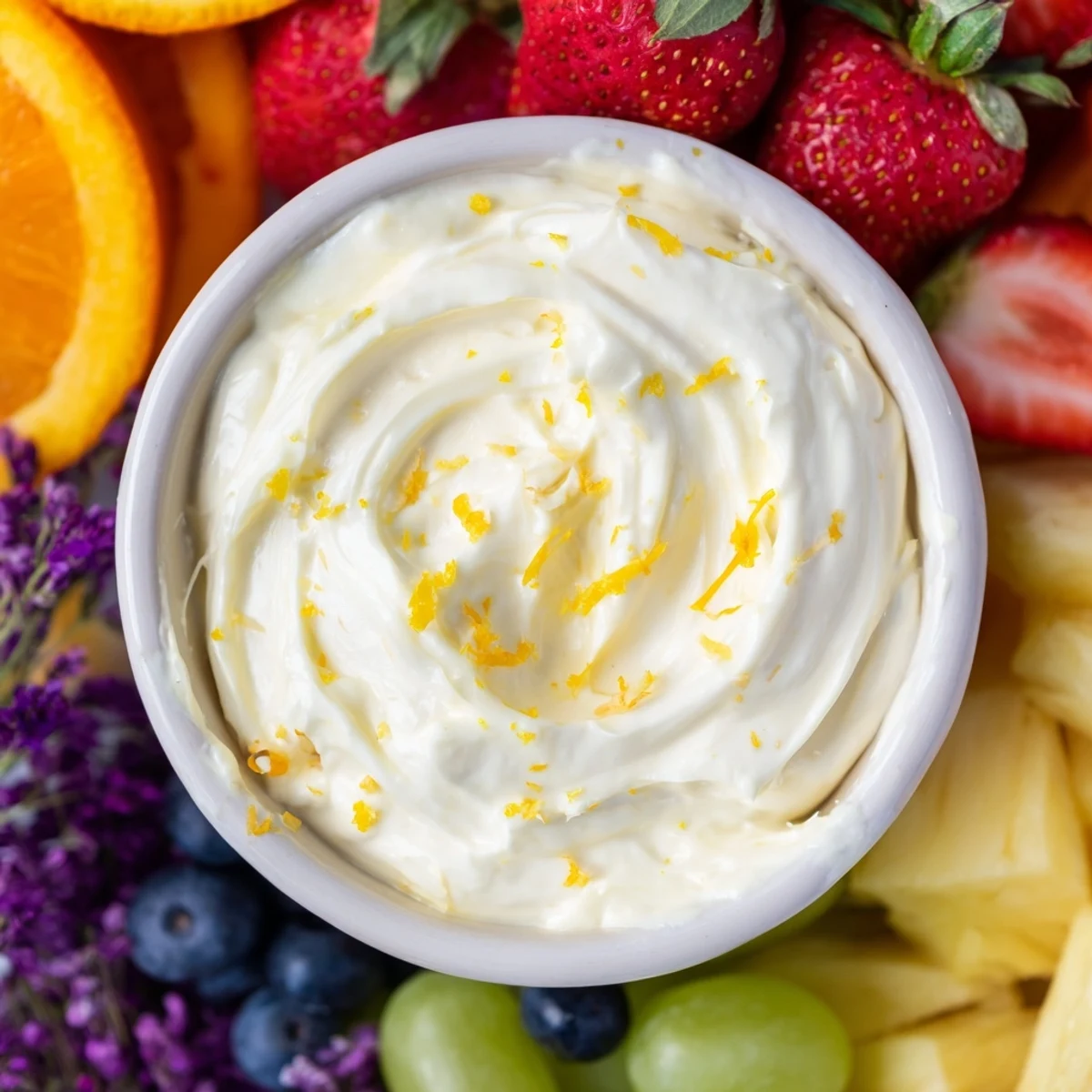 This inviting image shows a luscious cream cheese fruit dip, ready to be scooped with colorful fruit.