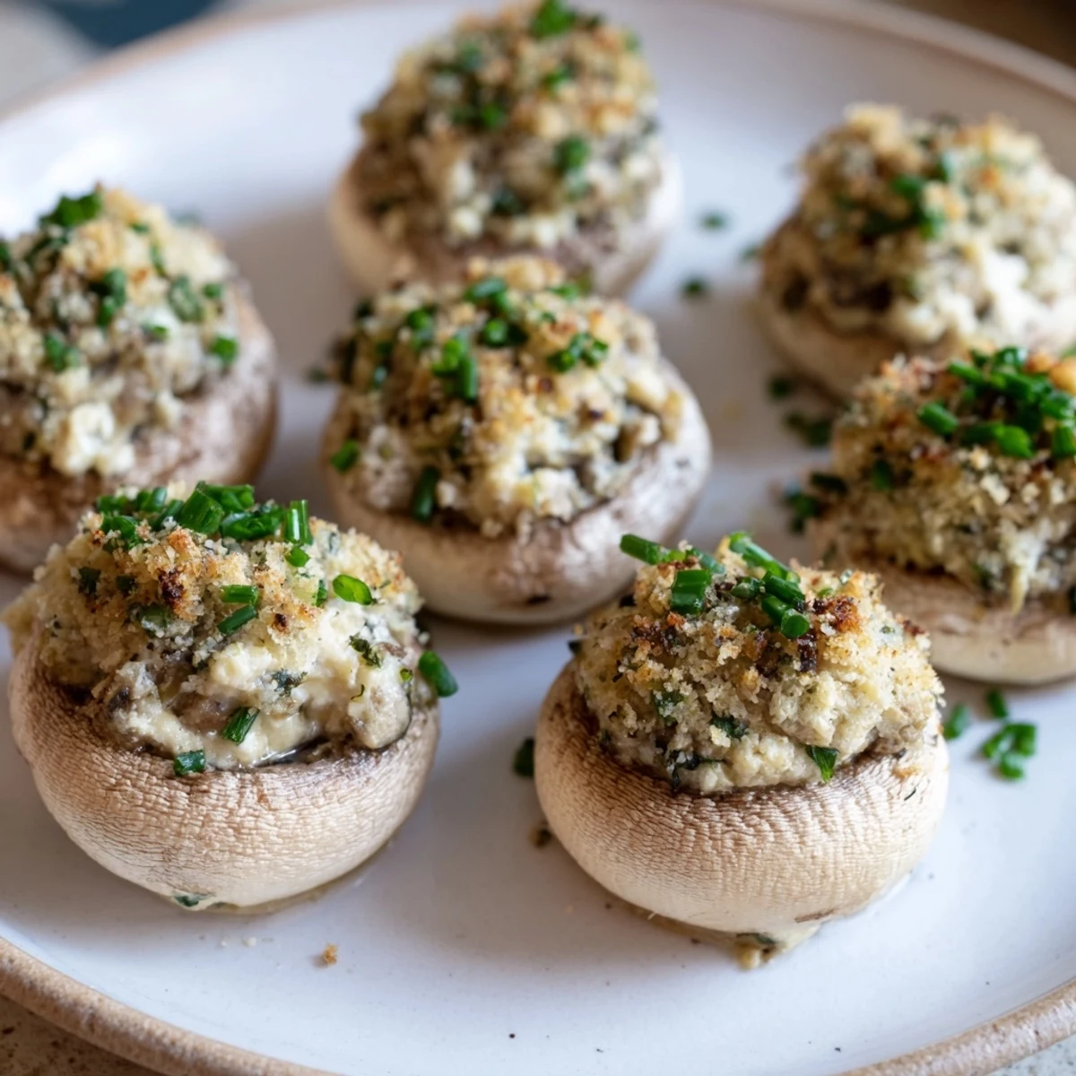 Close-up of baked Stuffed Mushroom Caps, generously filled and garnished; a vegetarian delight.