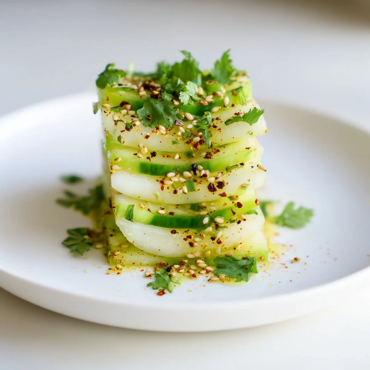 Layered Jicama and cucumber slice stacks, a cool vegan appetizer, showcasing fresh cilantro and sesame seeds.