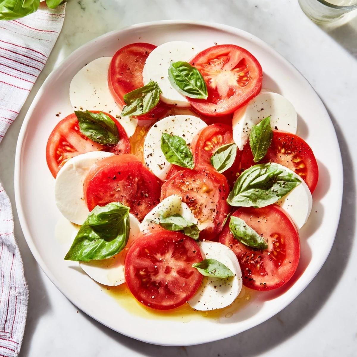 Juicy Sliced Tomatoes and Mozzarella Rounds, a colorful vegetarian side dish, perfect for summer.