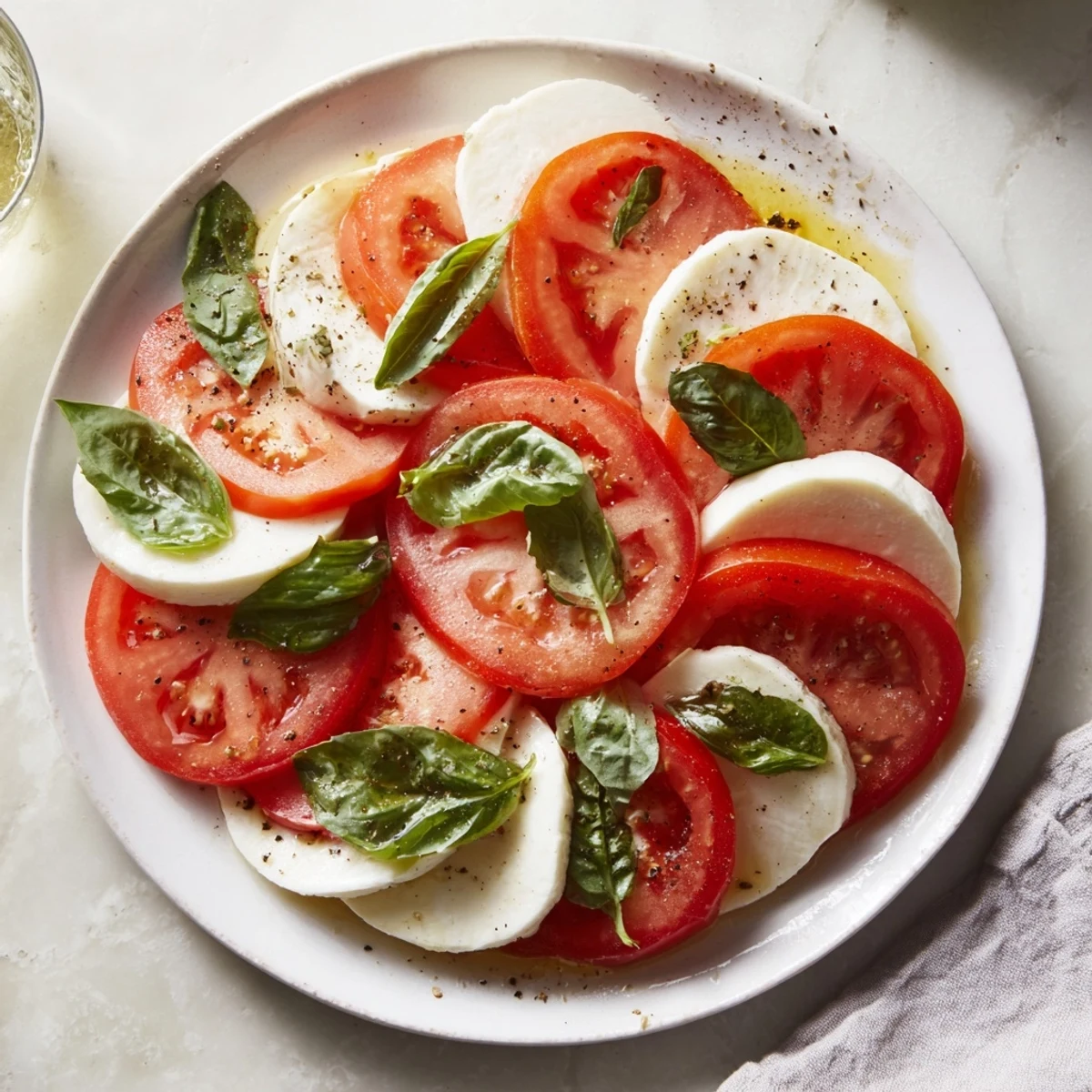 A close-up of vibrant Sliced Tomatoes and Mozzarella Rounds drizzled with olive oil, ready to be enjoyed.
