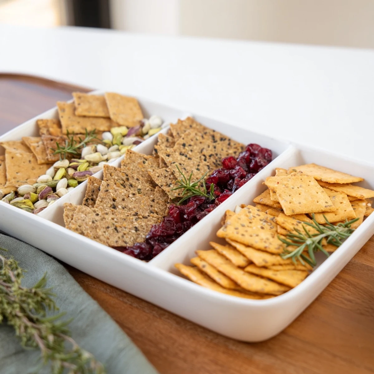 Festive holiday crackers platter: a colorful array of crisp, bite-sized crackers for sharing.