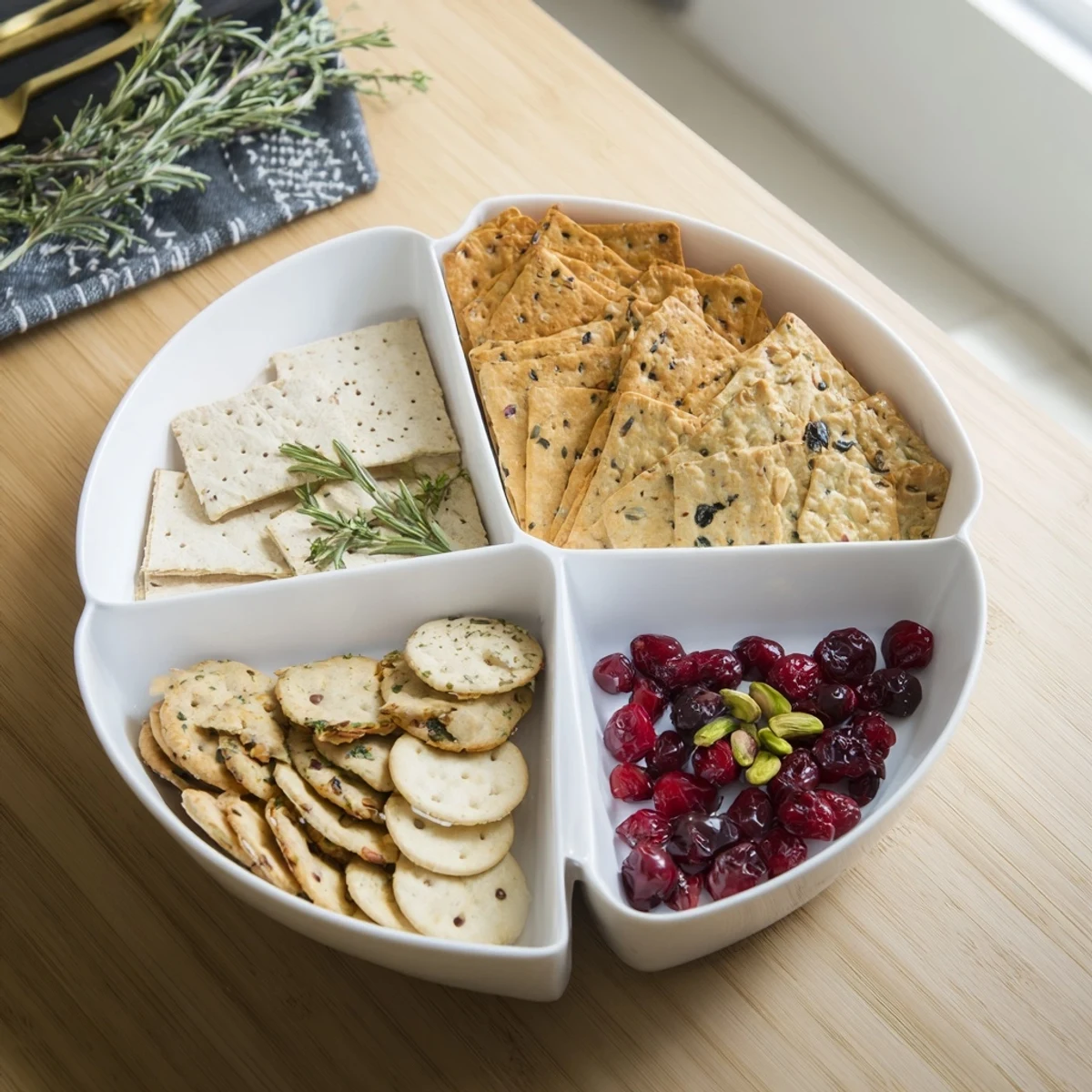 Savory and crunchy holiday crackers beautifully arranged on a holiday cheese board for festive snacking.