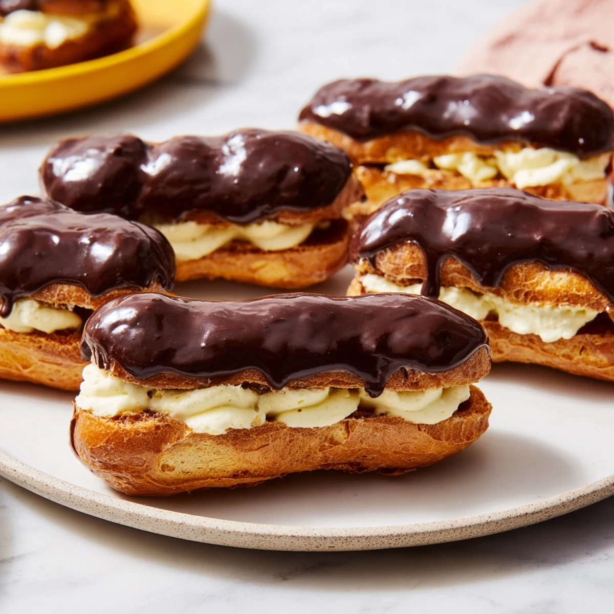 Mini chocolate éclairs arranged on a plate with glistening dark chocolate glaze, perfect for a treat.