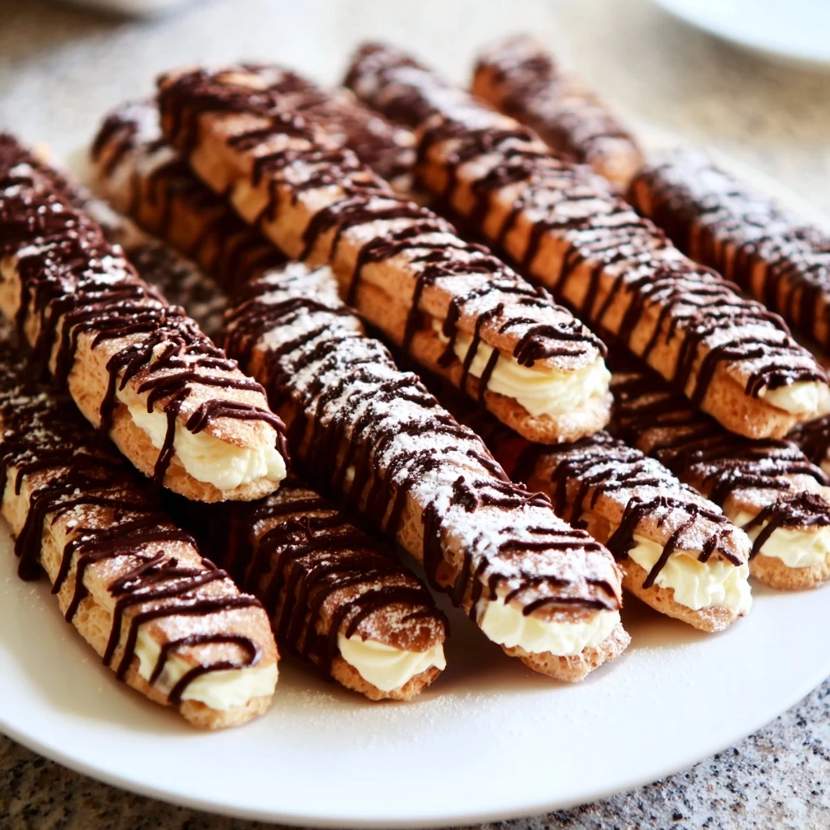 A close-up of sweet mini chocolate éclairs, filled with vanilla cream, ready to enjoy as French dessert.