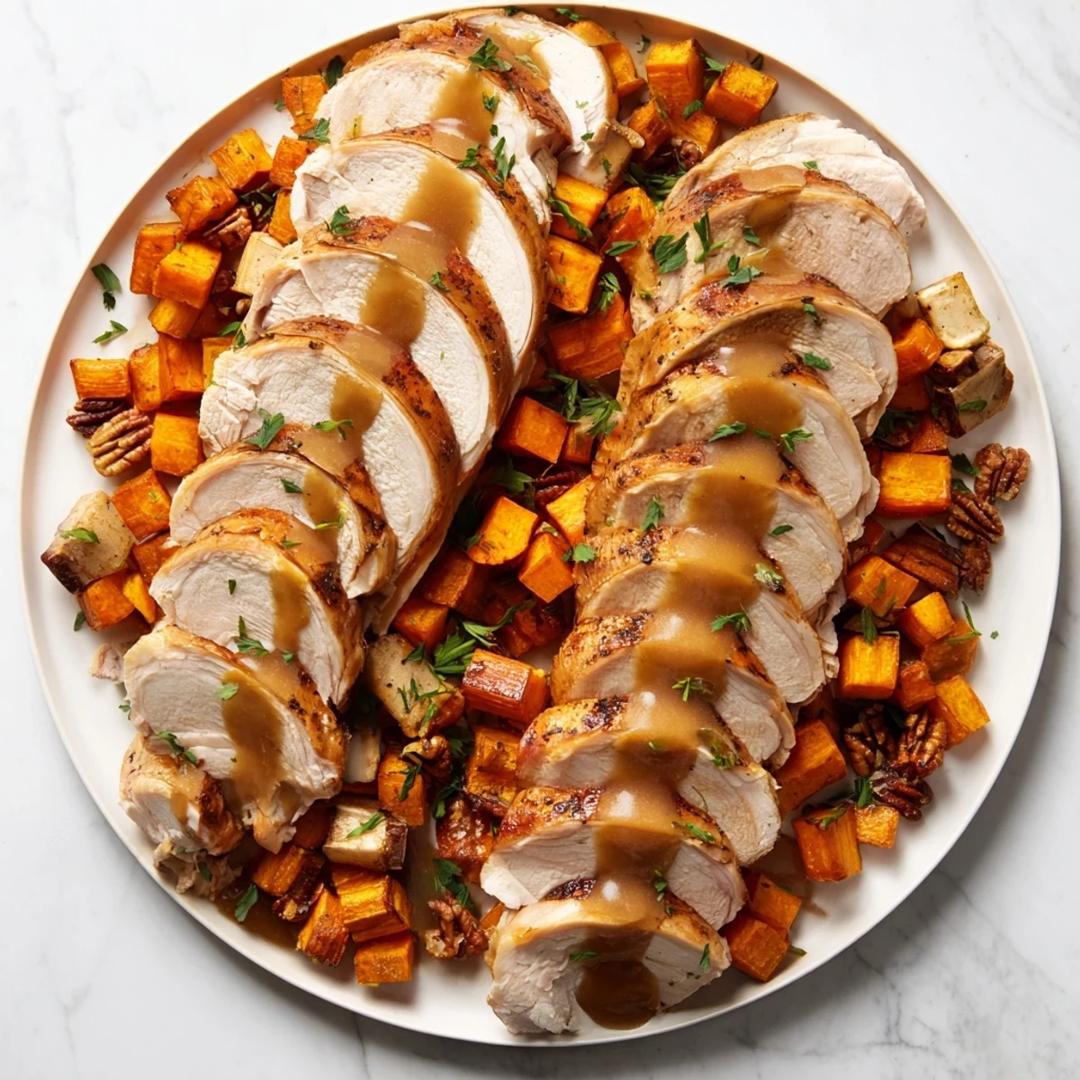 Golden turkey and vibrant roasted vegetables create a savory Thanksgiving Chains of the Mayflower centerpiece.