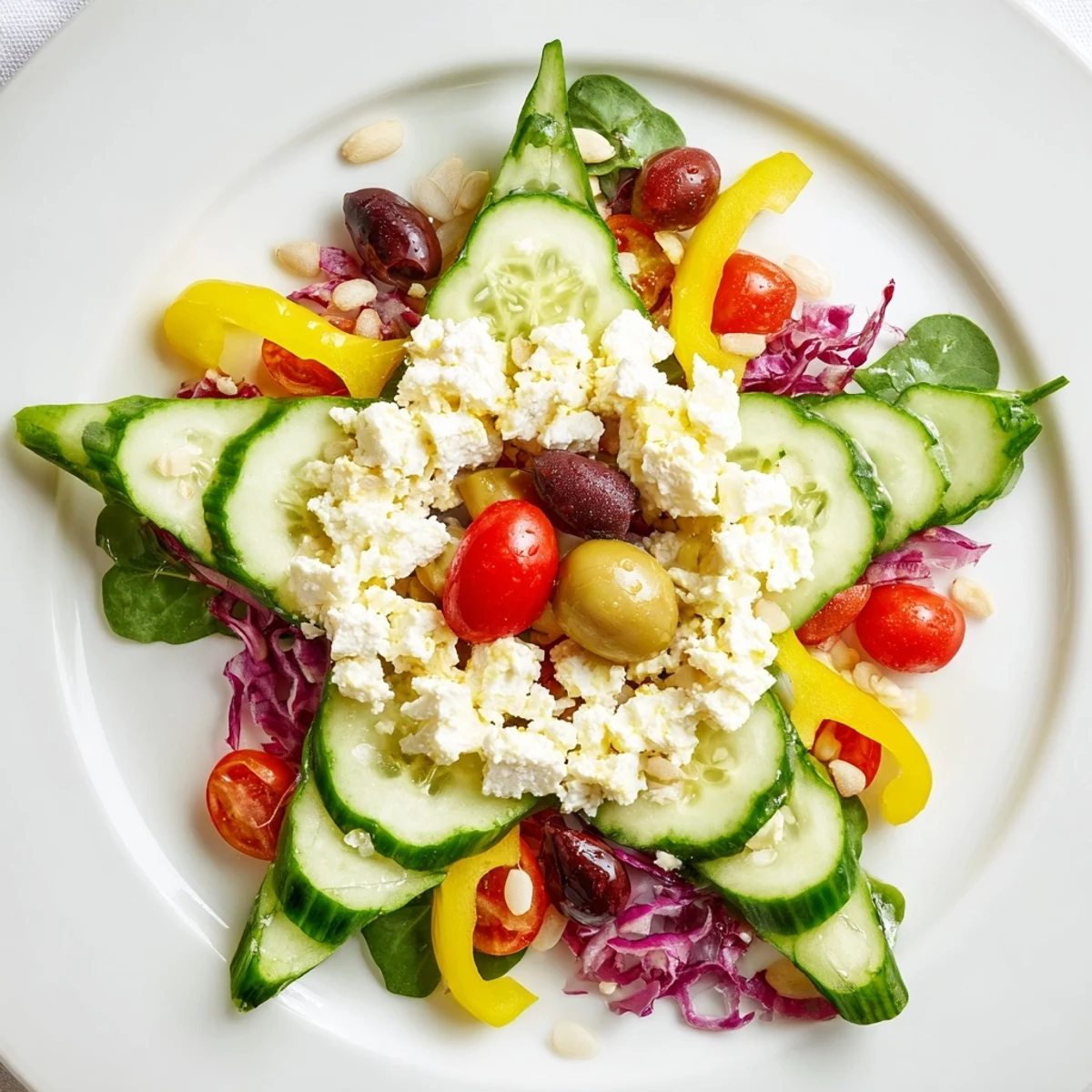 A colorful Star of David Salad Platter with vibrant veggies and crumbled feta, ready to serve.