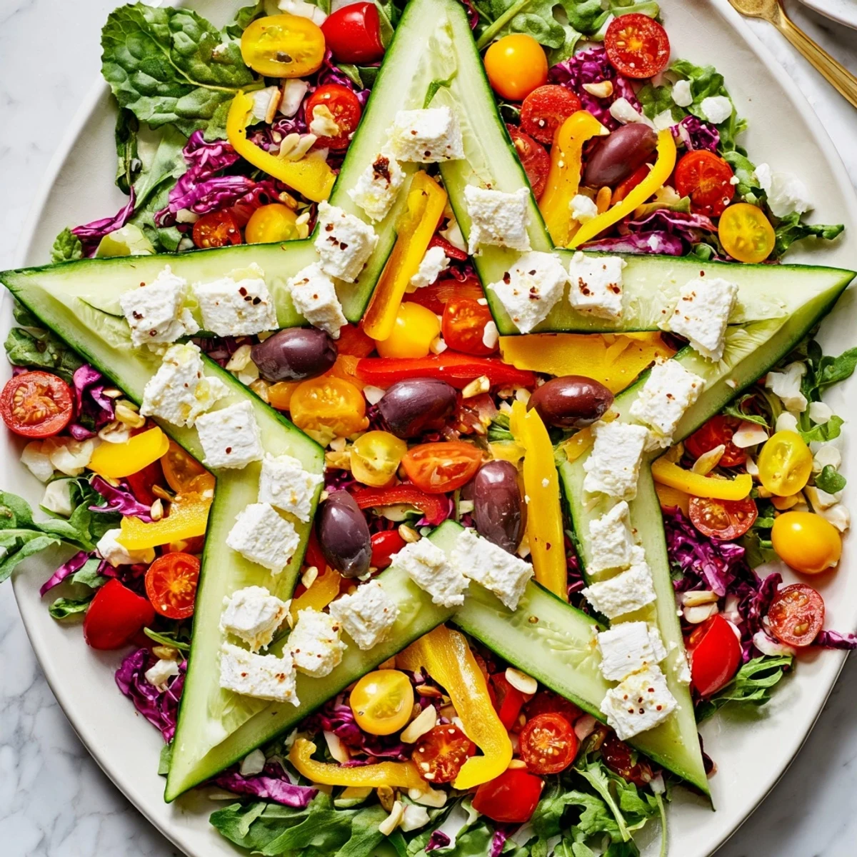 Festive Star of David Salad Platter, featuring sliced cucumbers and sweet cherry tomatoes, an appetizer.