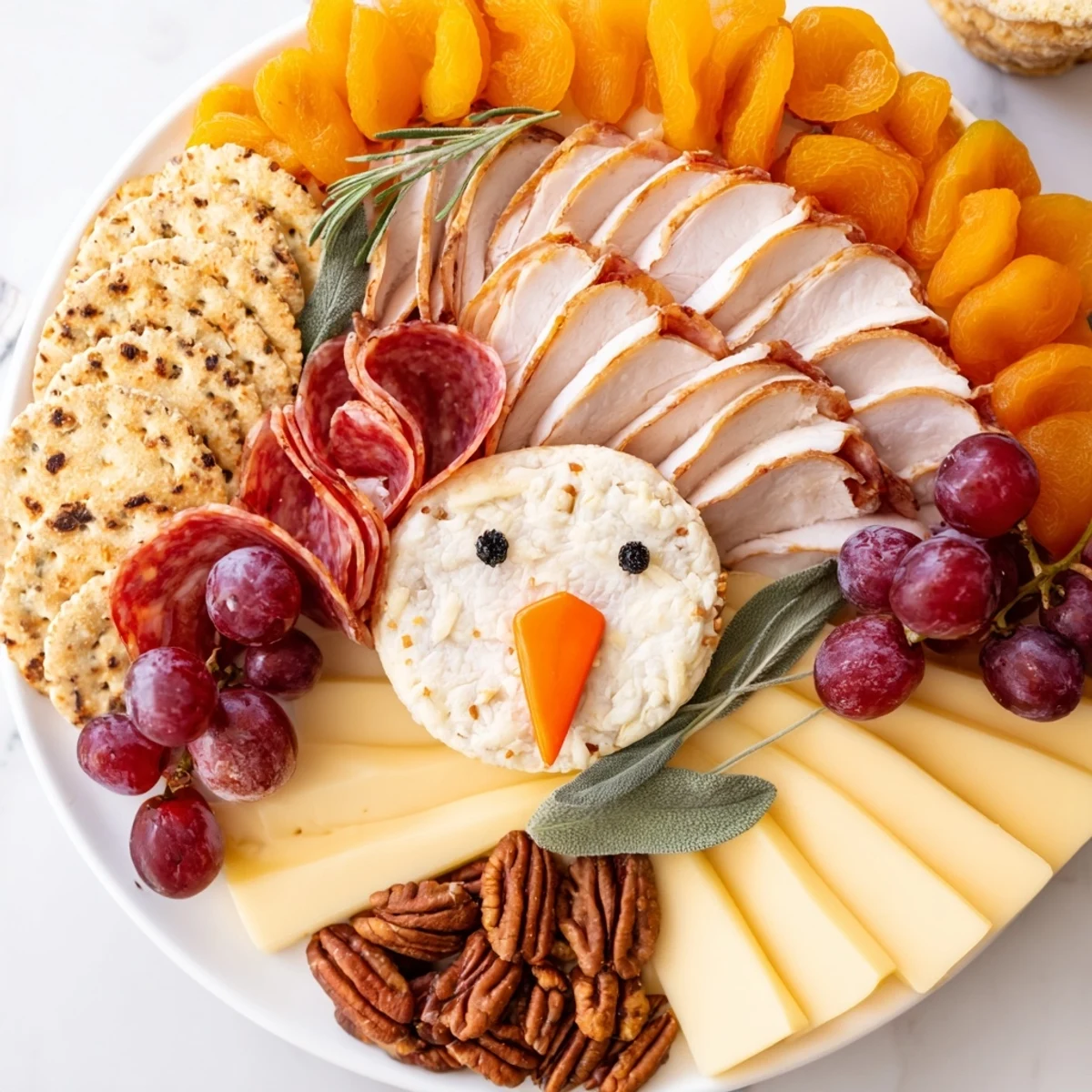 A beautifully arranged Turkey Tail Fan charcuterie board overflowing with meats, cheeses, and fruit.