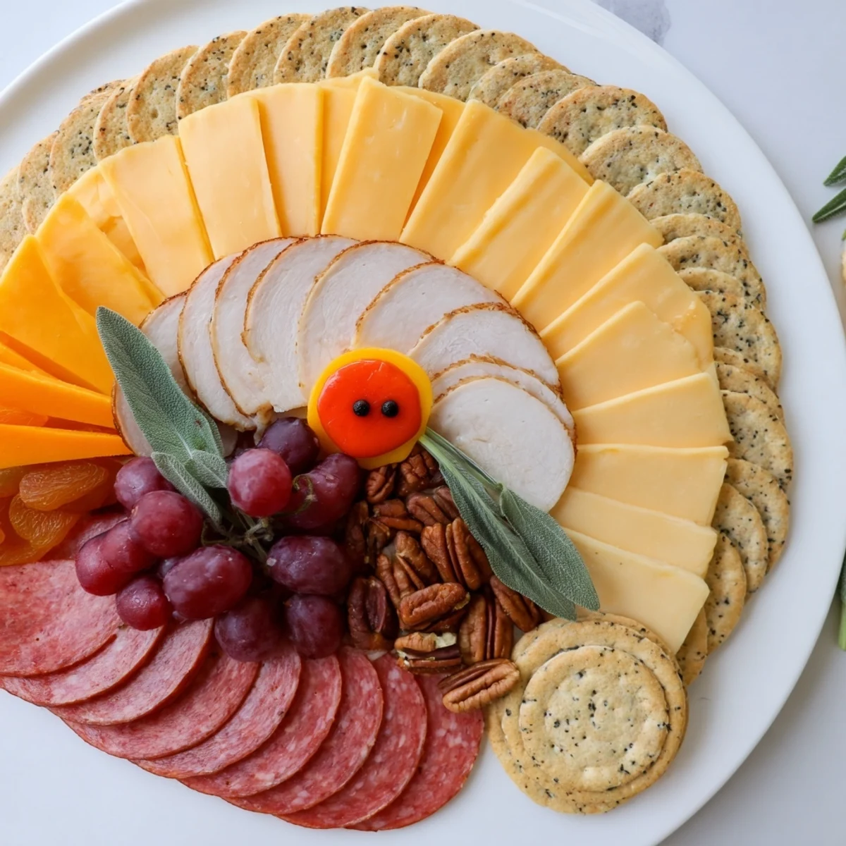 Thanksgiving appetizer, the Turkey Tail Fan, showcases colorful meats and cheeses like artisan art for guests.