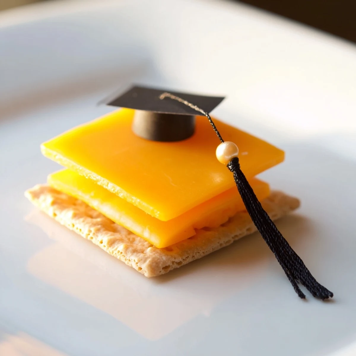 Easy homemade Graduation Cap Snacks, showing cheese caps with dried fruit tassels, perfect appetizer.