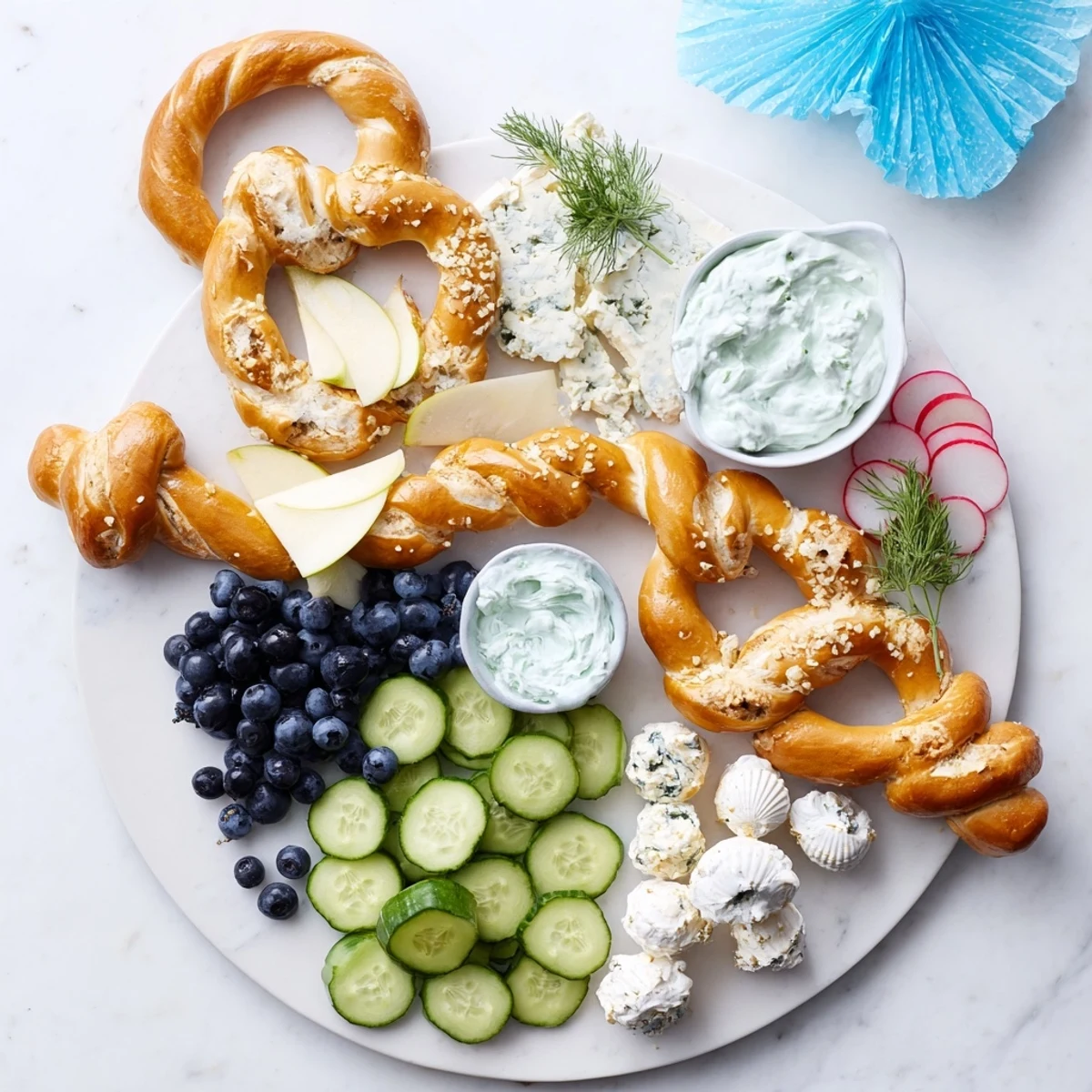 A beautifully arranged Anchor Maritime Board with blue accents, ideal for a seaside gathering.