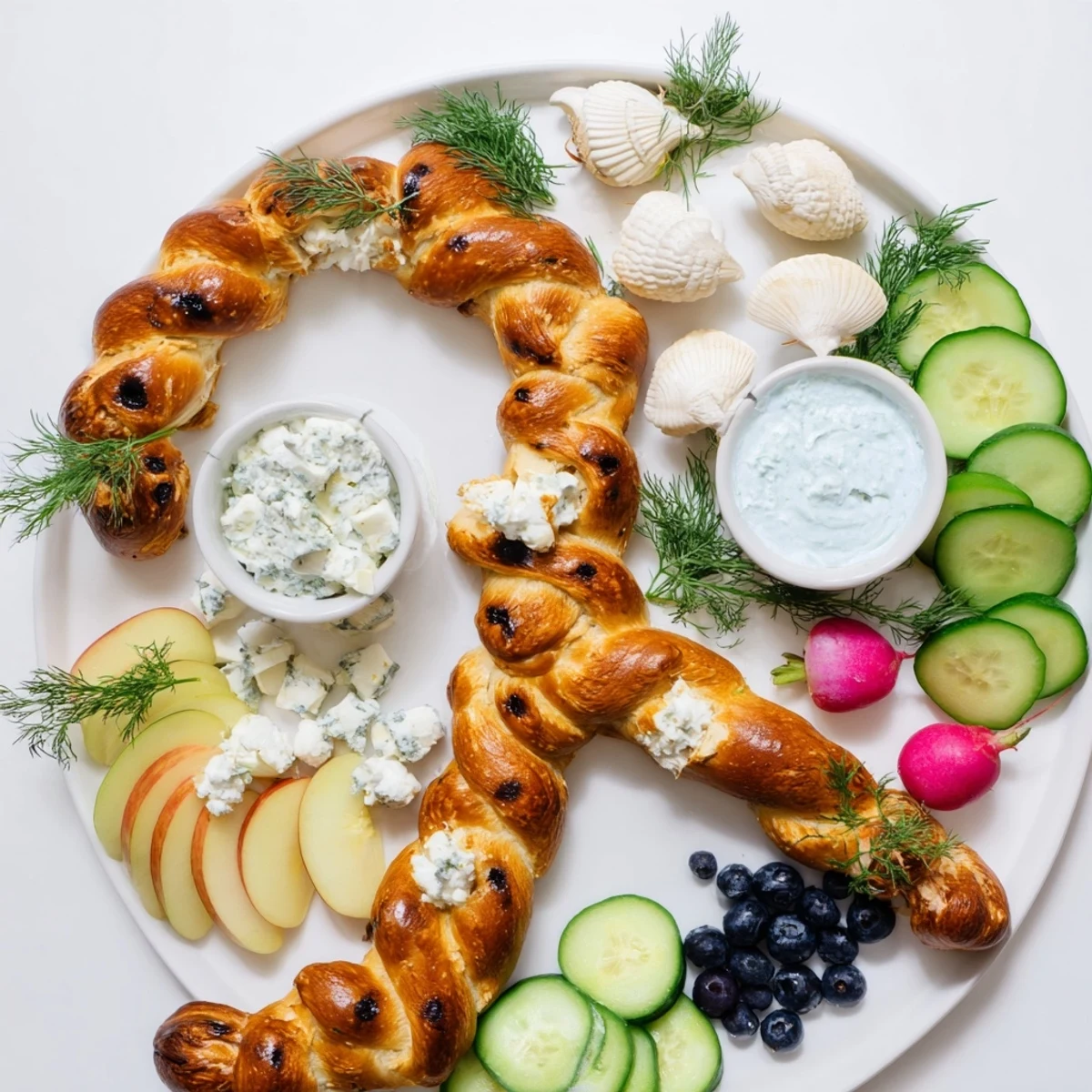 This Anchor Maritime Board features creamy cheeses, fresh fruits, and rope-like pretzels, perfect for summer entertaining.